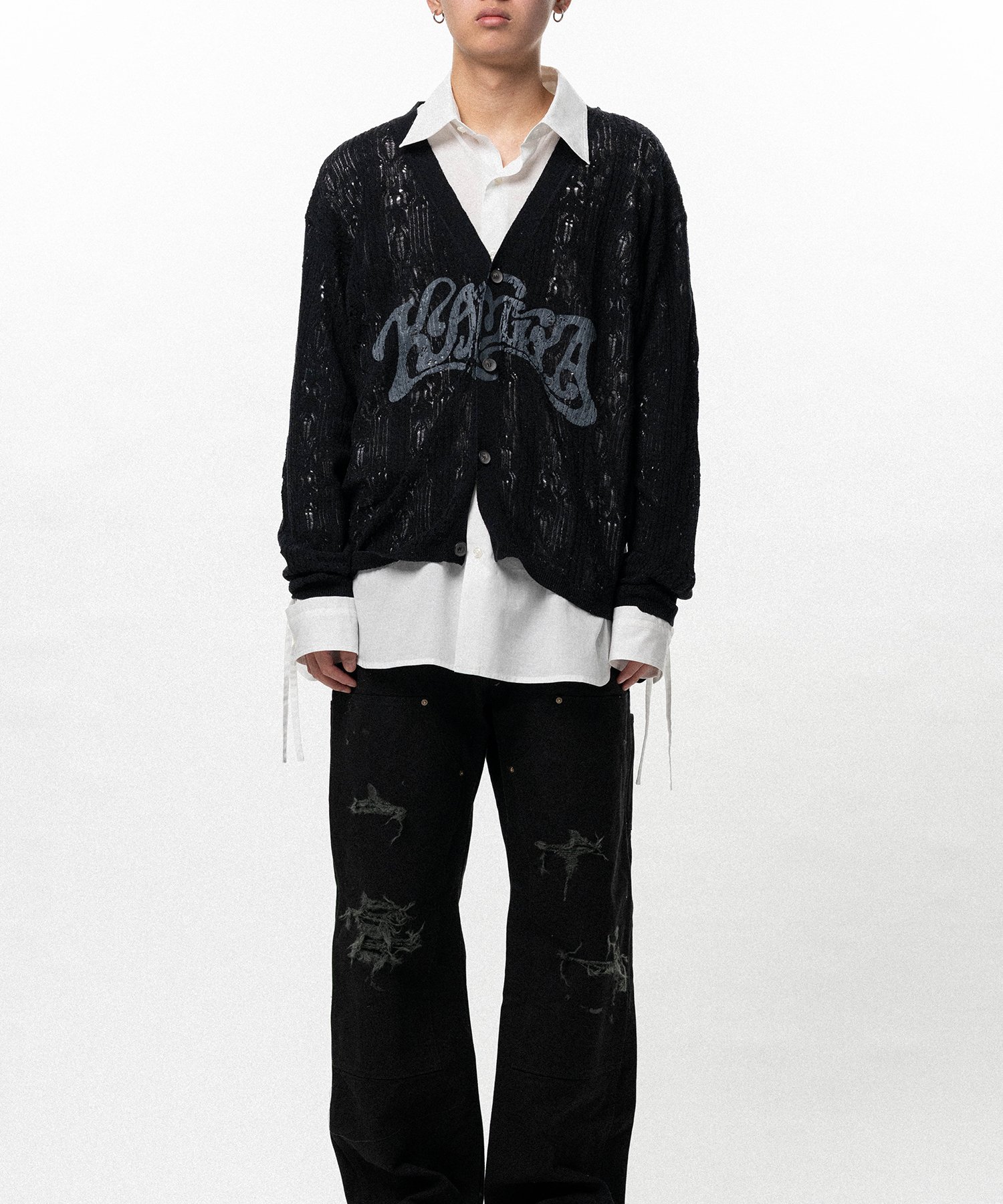 "WAVY KAMIYA" Printed Silk Lace Knit Cardigan