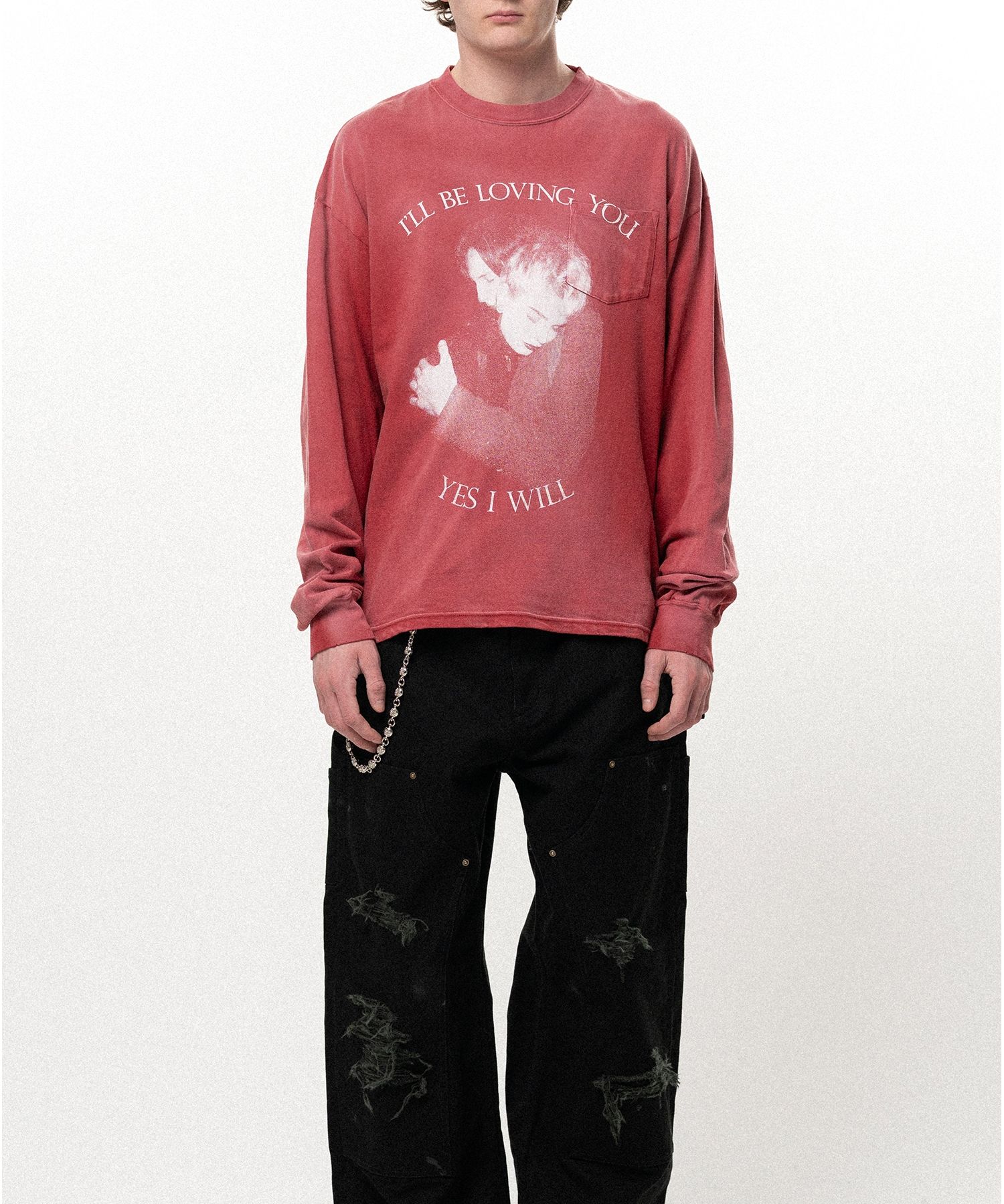 "LOVING" Distressed Long-Sleeve Pocket T-shirt