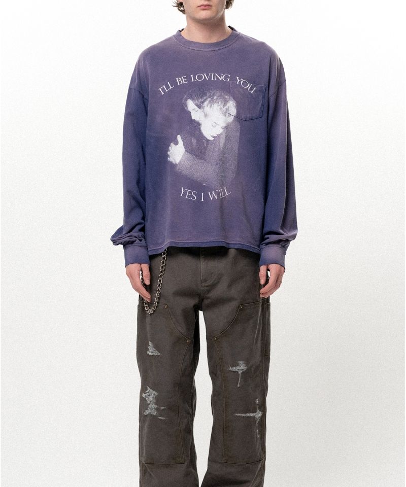 "LOVING" Distressed Long-Sleeve Pocket T-shirt