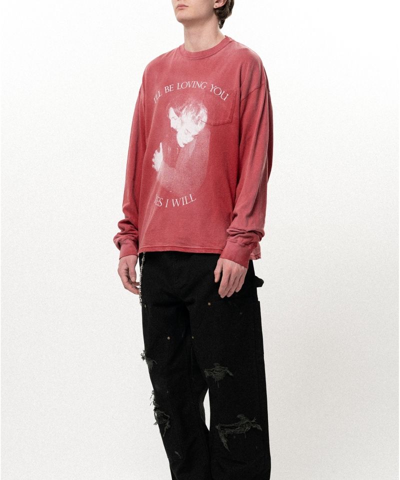 "LOVING" Distressed Long-Sleeve Pocket T-shirt