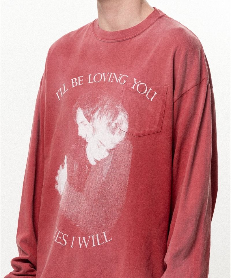 "LOVING" Distressed Long-Sleeve Pocket T-shirt
