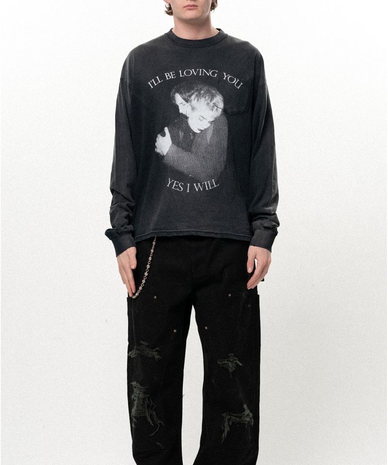 "LOVING" Distressed Long-Sleeve Pocket T-shirt