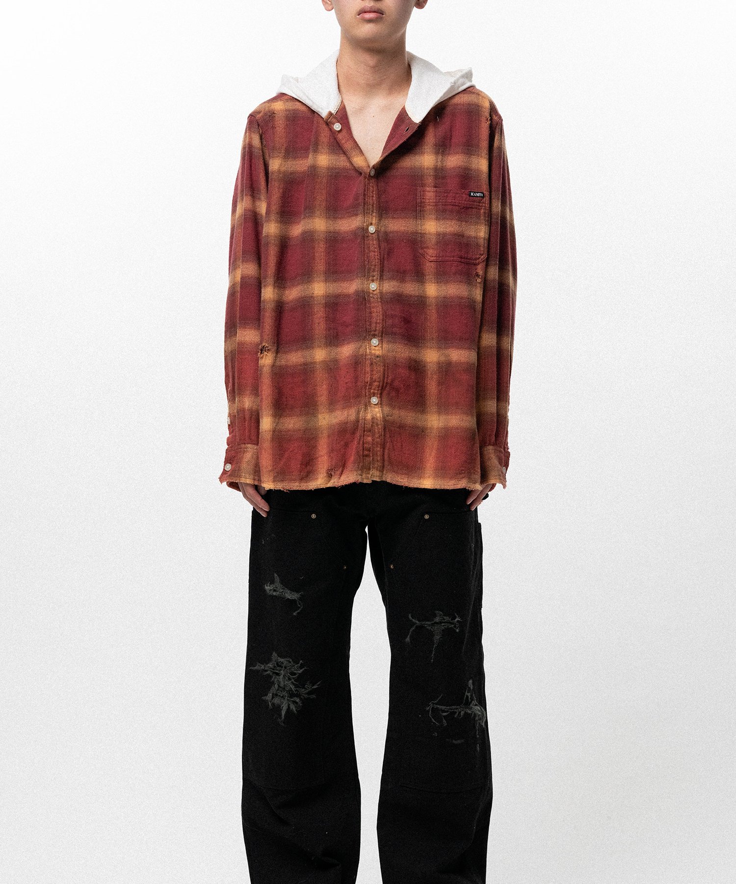 Distressed Hooded Checked Shirt