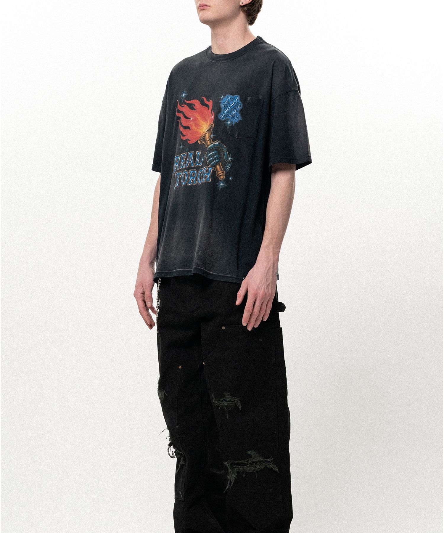 "REAL TORCH" Distressed Pocket T-shirt