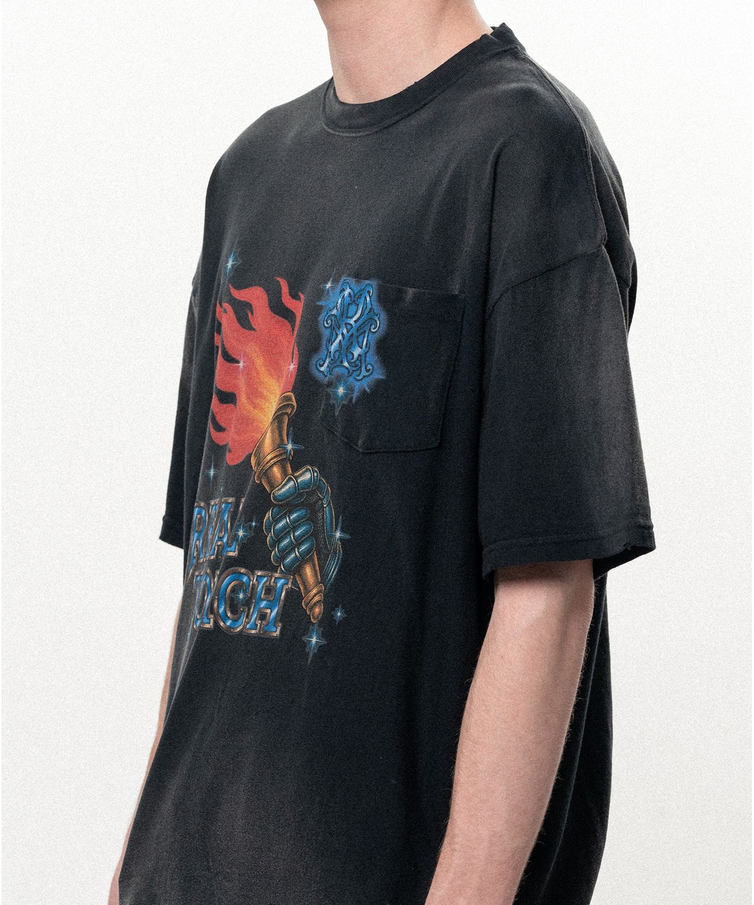 "REAL TORCH" Distressed Pocket T-shirt