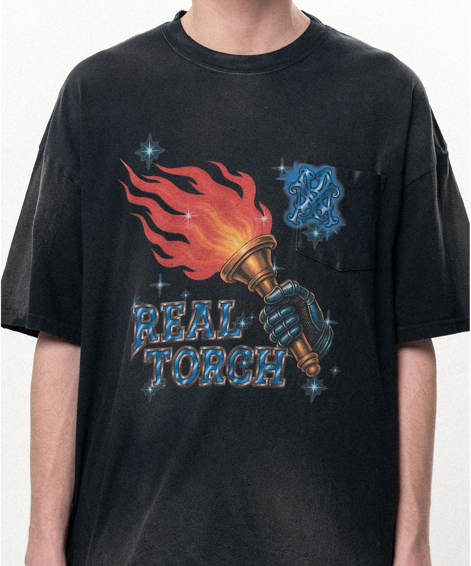 "REAL TORCH" Distressed Pocket T-shirt