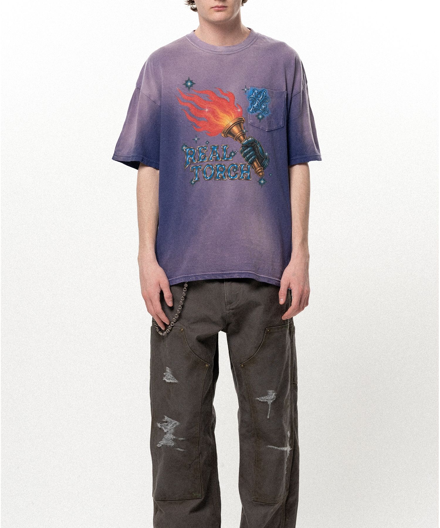 "REAL TORCH" Distressed Pocket T-shirt