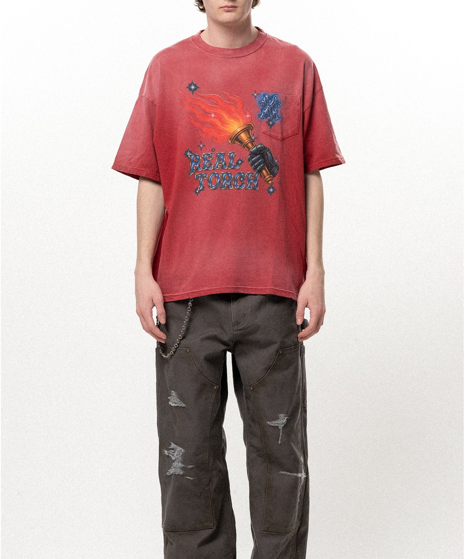"REAL TORCH" Distressed Pocket T-shirt