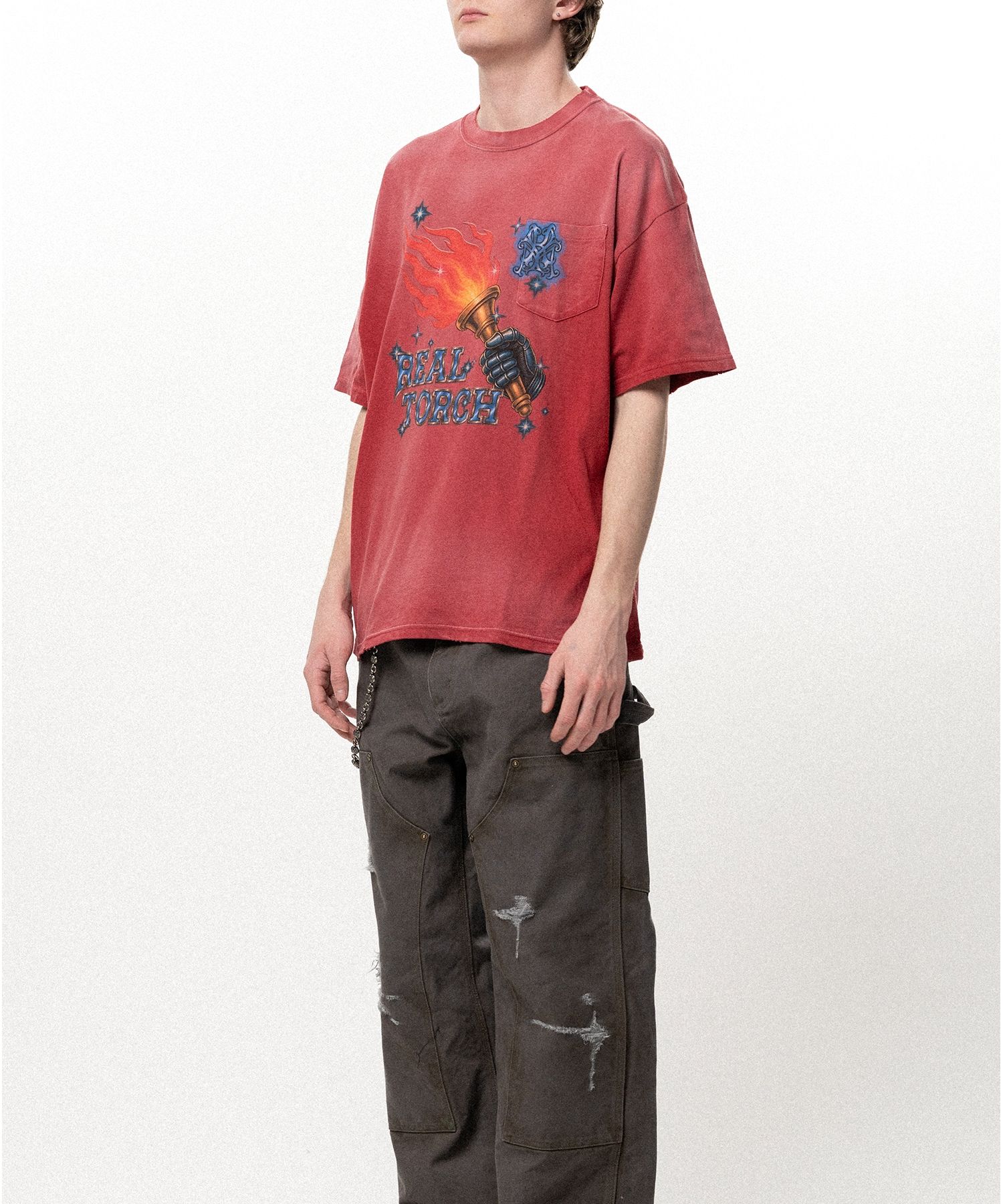 "REAL TORCH" Distressed Pocket T-shirt