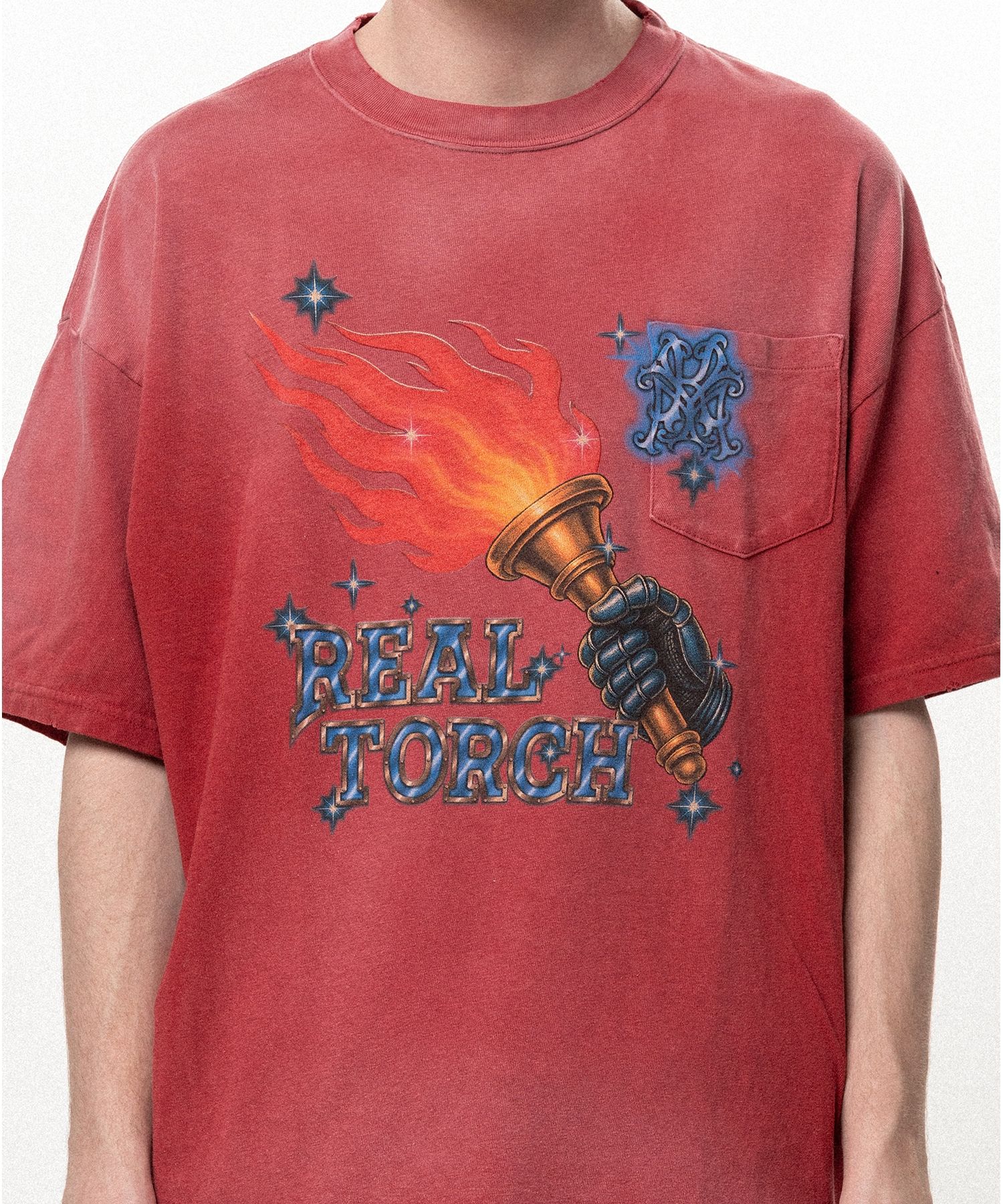 "REAL TORCH" Distressed Pocket T-shirt