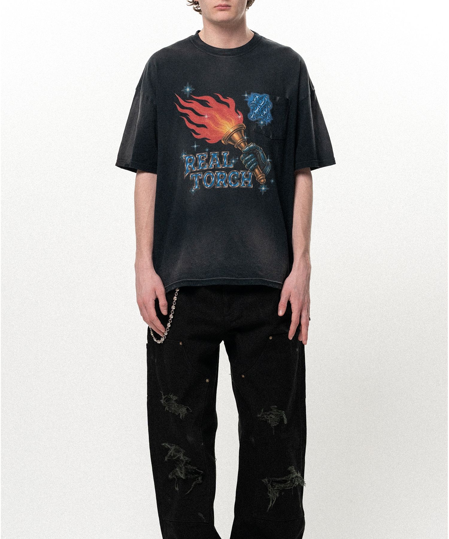 "REAL TORCH" Distressed Pocket T-shirt