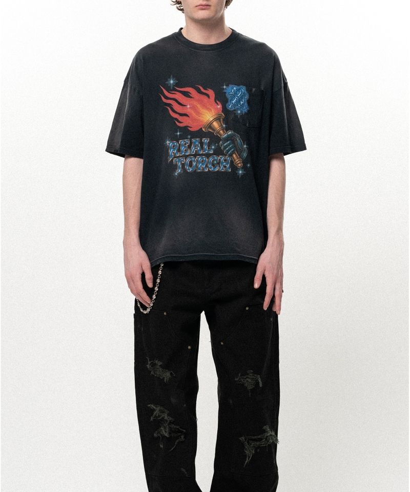 "REAL TORCH" Distressed Pocket T-shirt