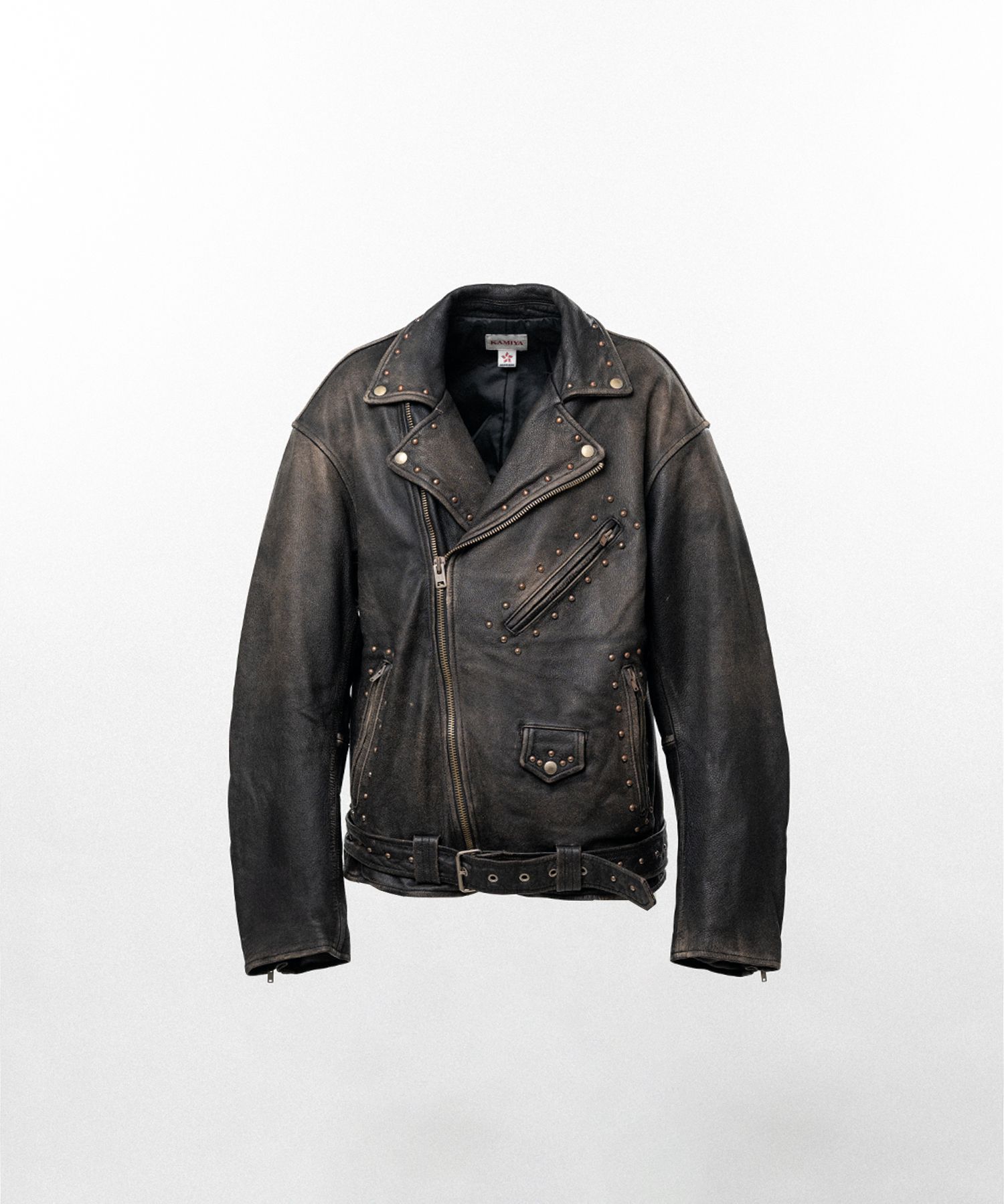 Distressed Leather Studded Biker Jacket
