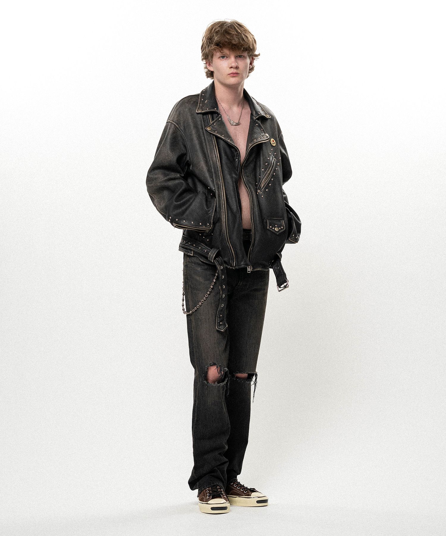 Distressed Leather Studded Biker Jacket