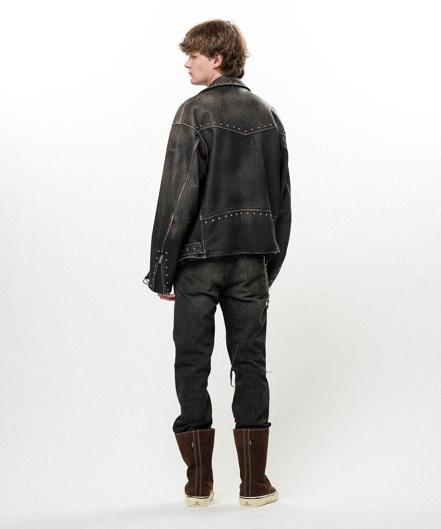 Distressed Leather Studded Biker Jacket