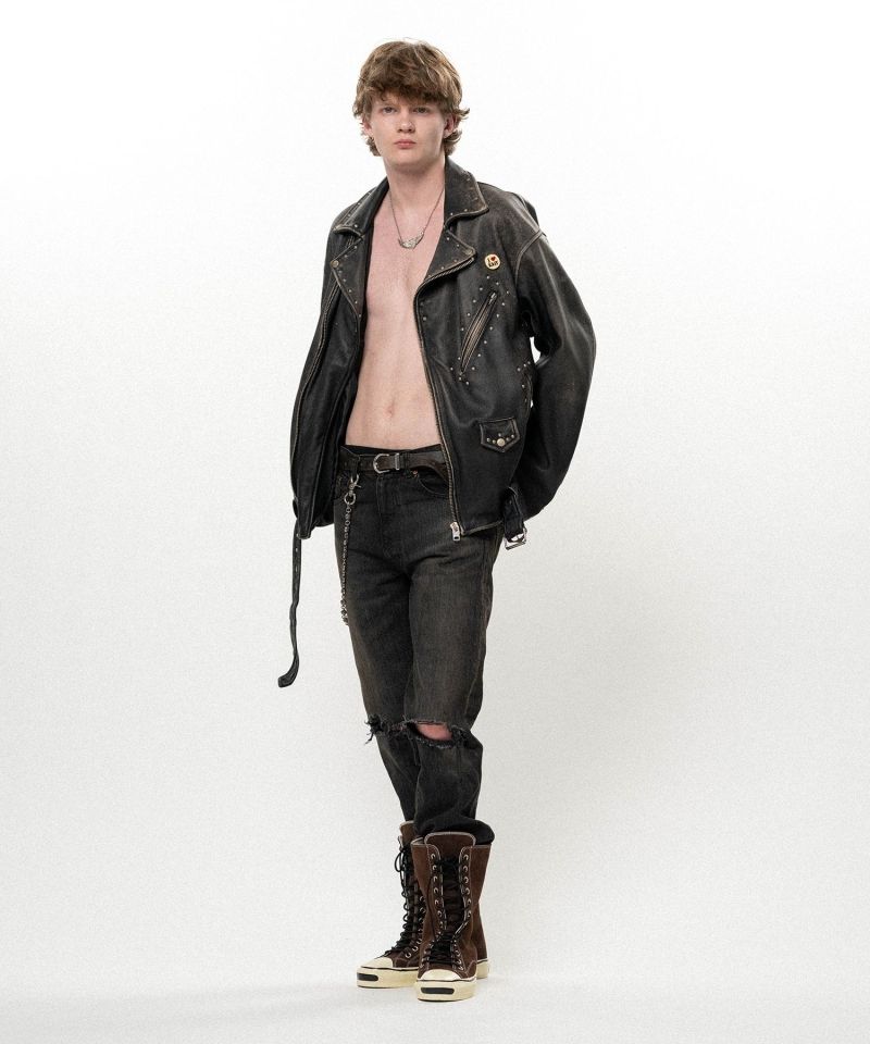 Distressed Leather Studded Biker Jacket
