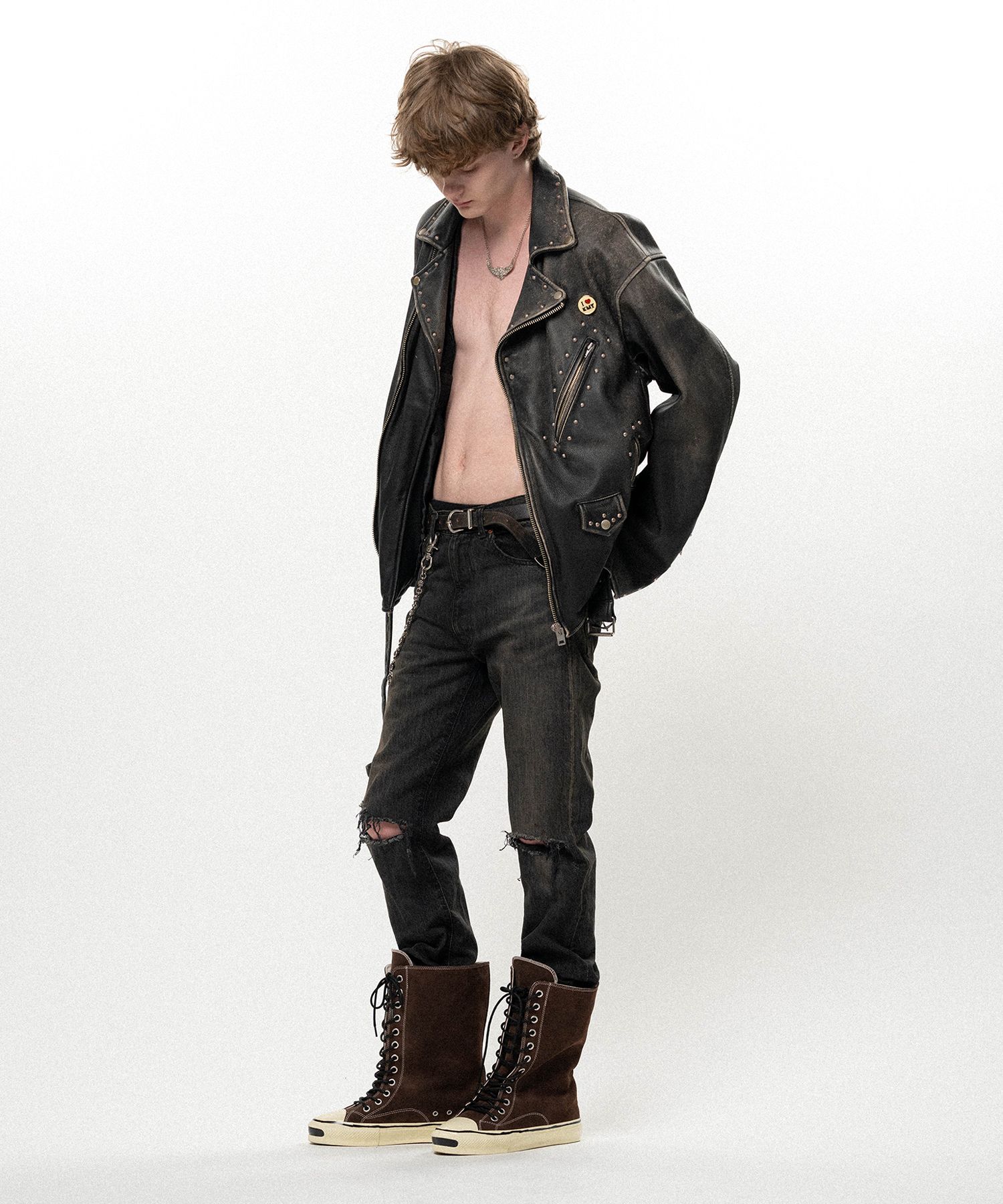 Distressed Leather Studded Biker Jacket