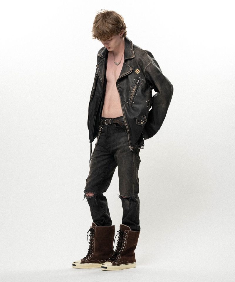 Distressed Leather Studded Biker Jacket