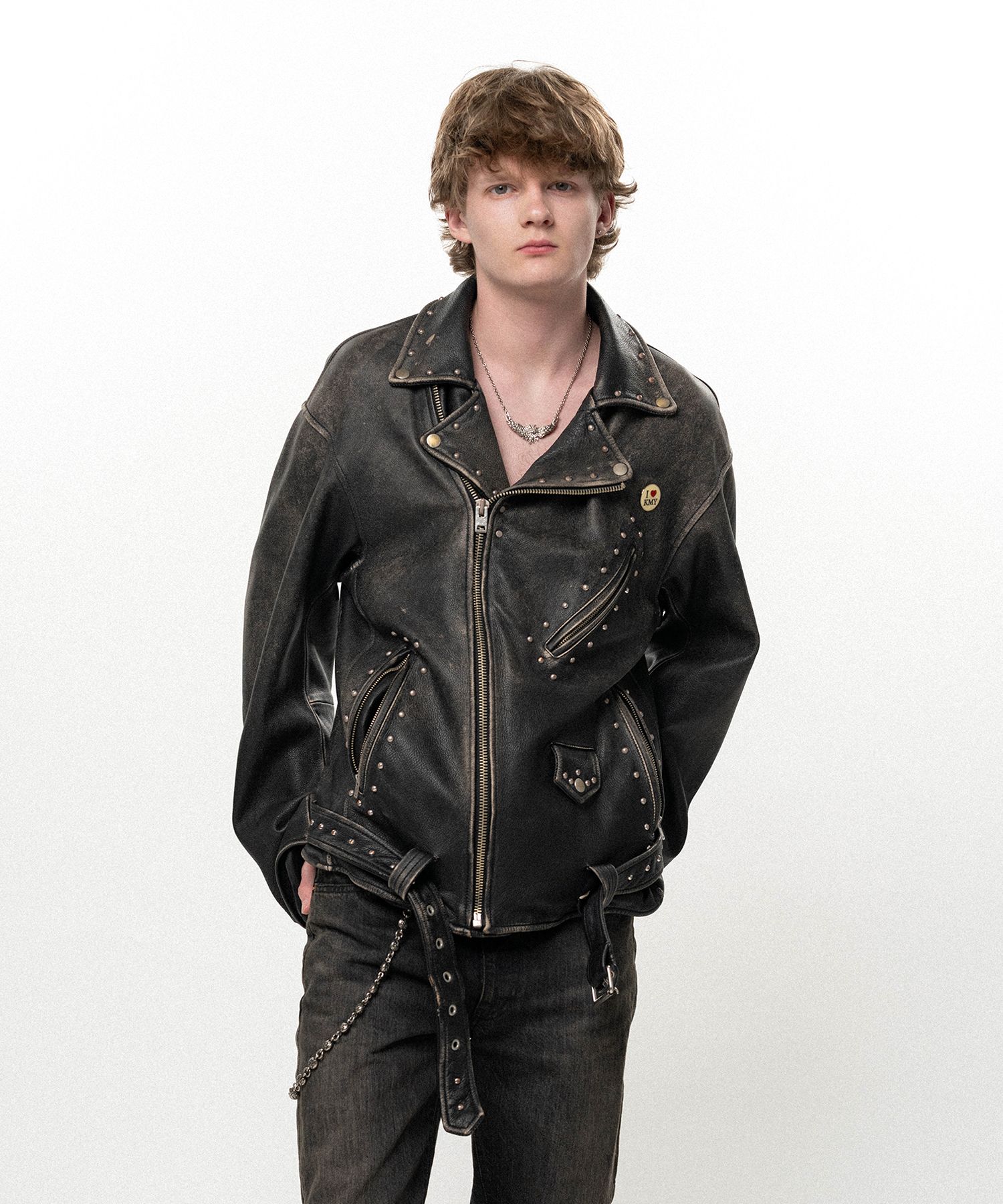 Distressed Leather Studded Biker Jacket