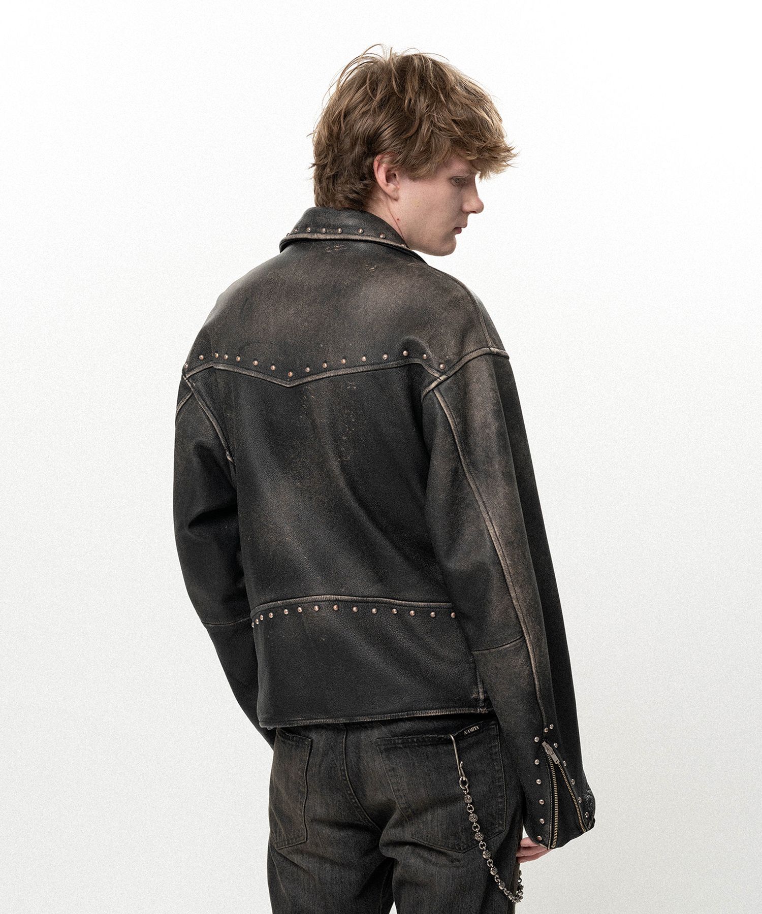 Distressed Leather Studded Biker Jacket