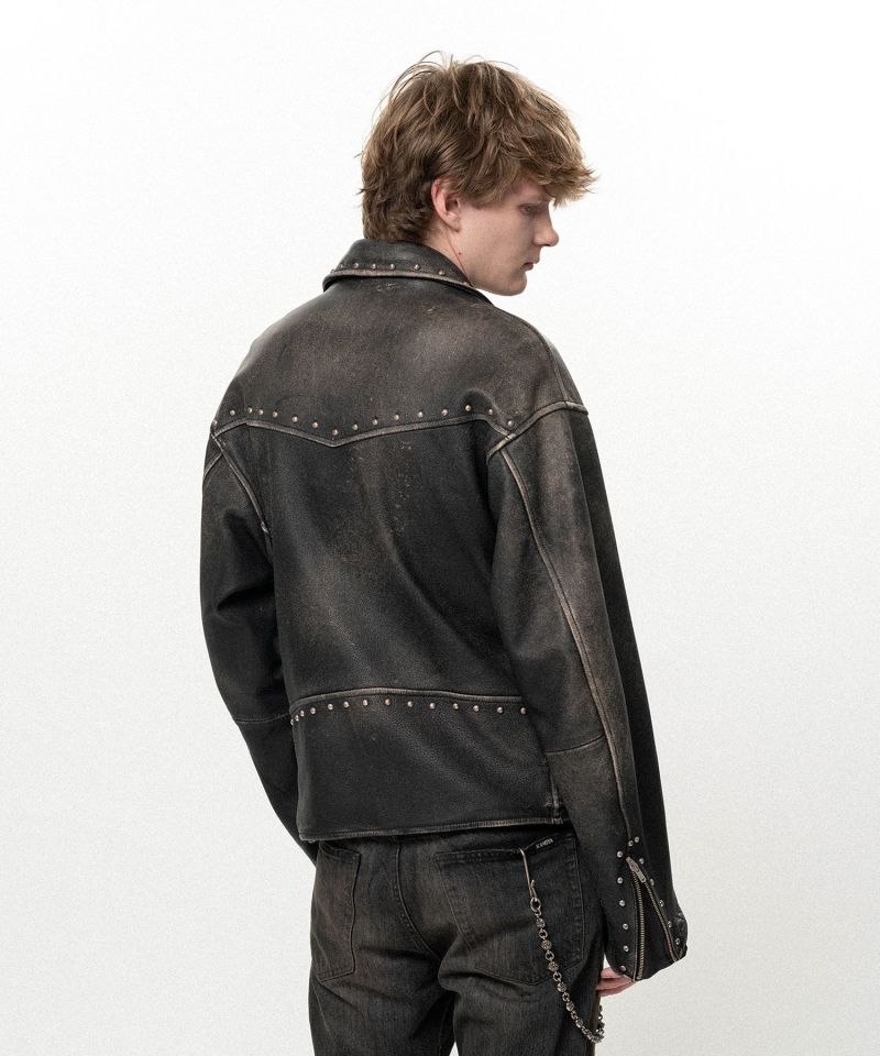 Distressed Leather Studded Biker Jacket