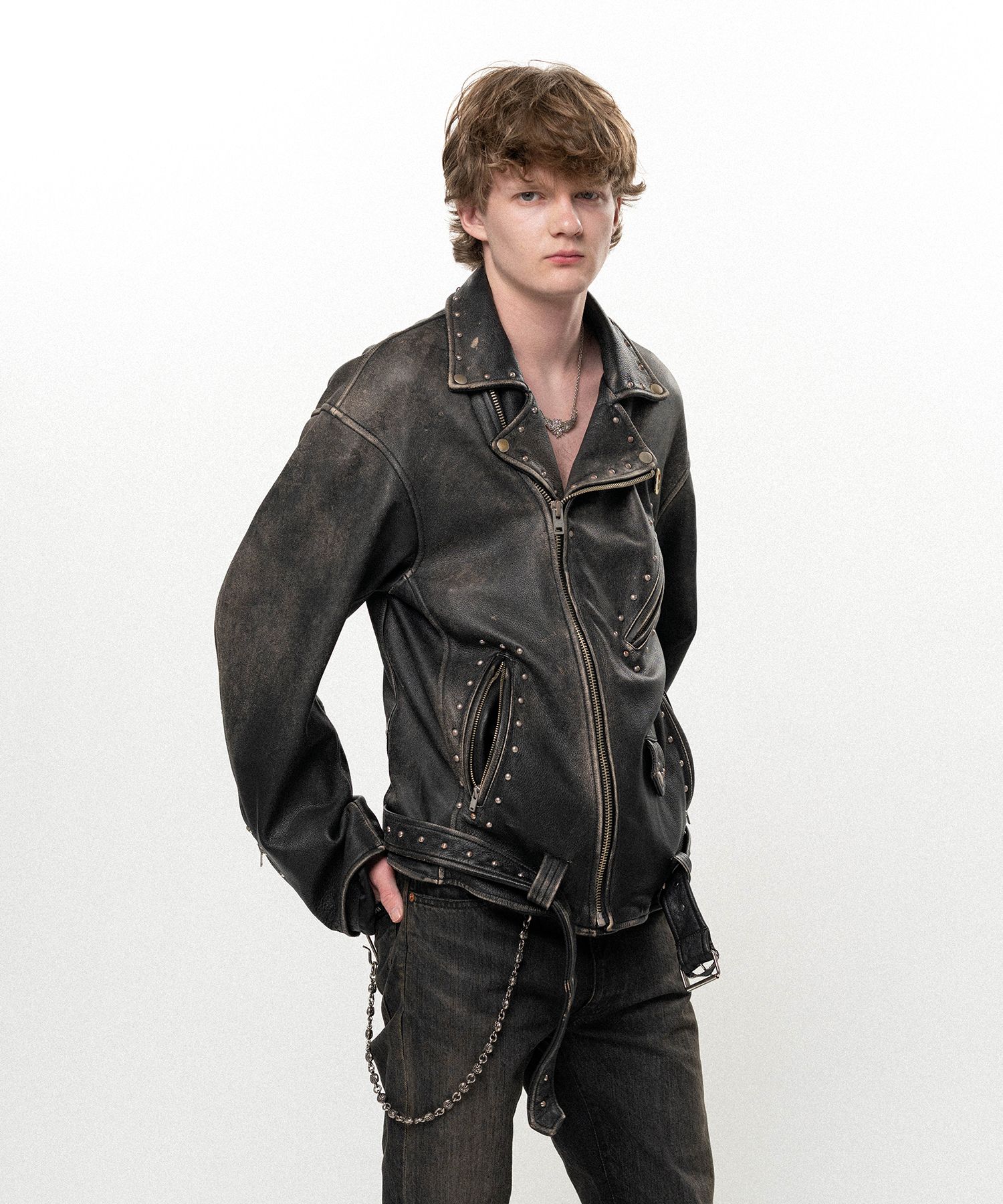 Distressed Leather Studded Biker Jacket