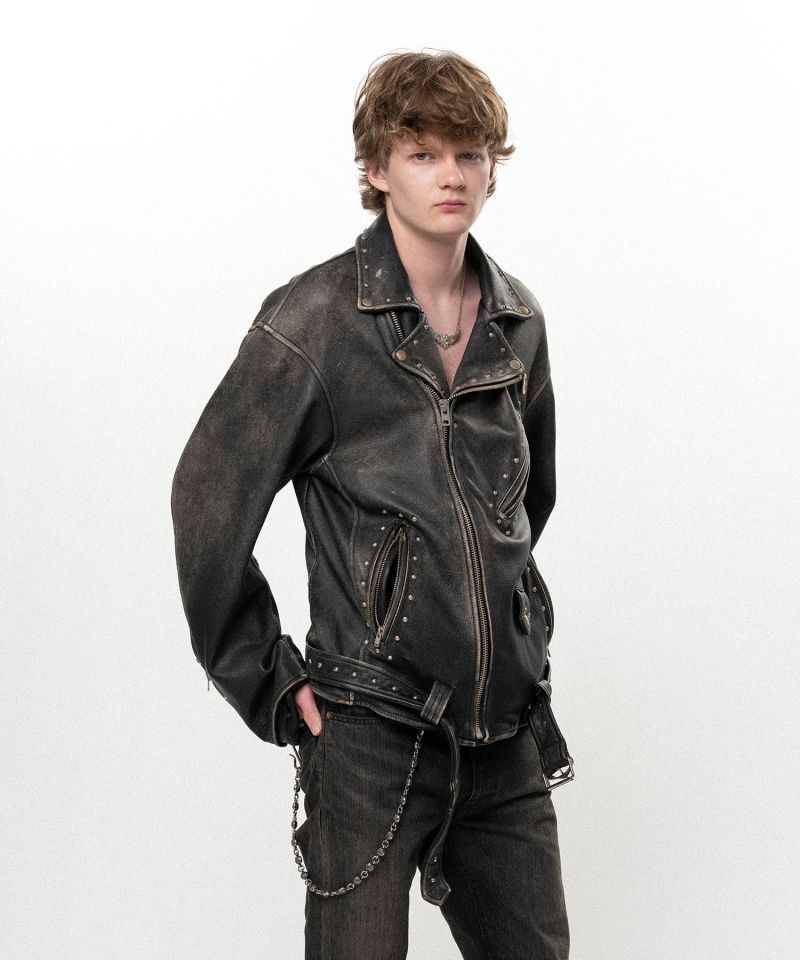 Distressed Leather Studded Biker Jacket
