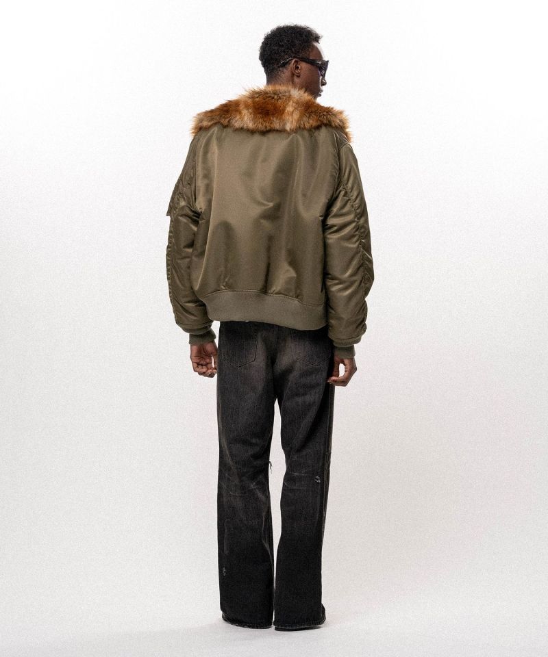 Embroidered Faux Fur Collar Flight Jacket