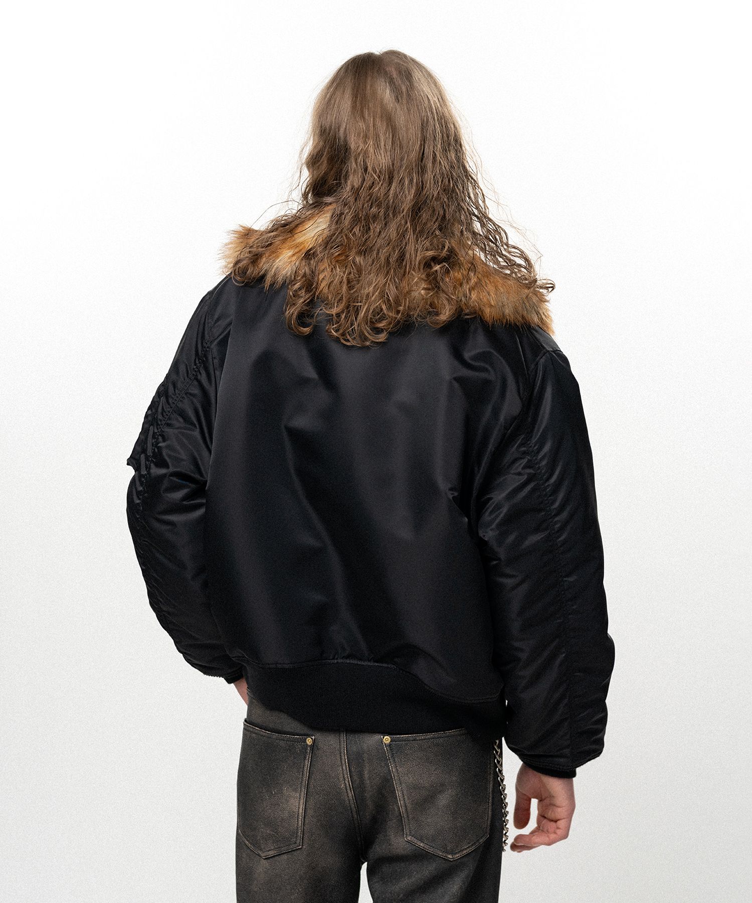 Embroidered Faux Fur Collar Flight Jacket