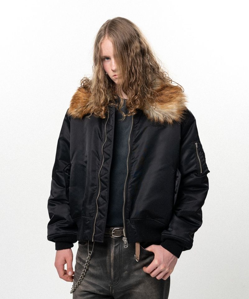 Embroidered Faux Fur Collar Flight Jacket
