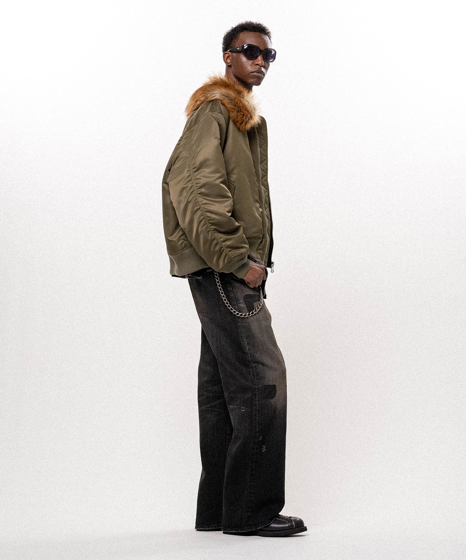 Embroidered Faux Fur Collar Flight Jacket