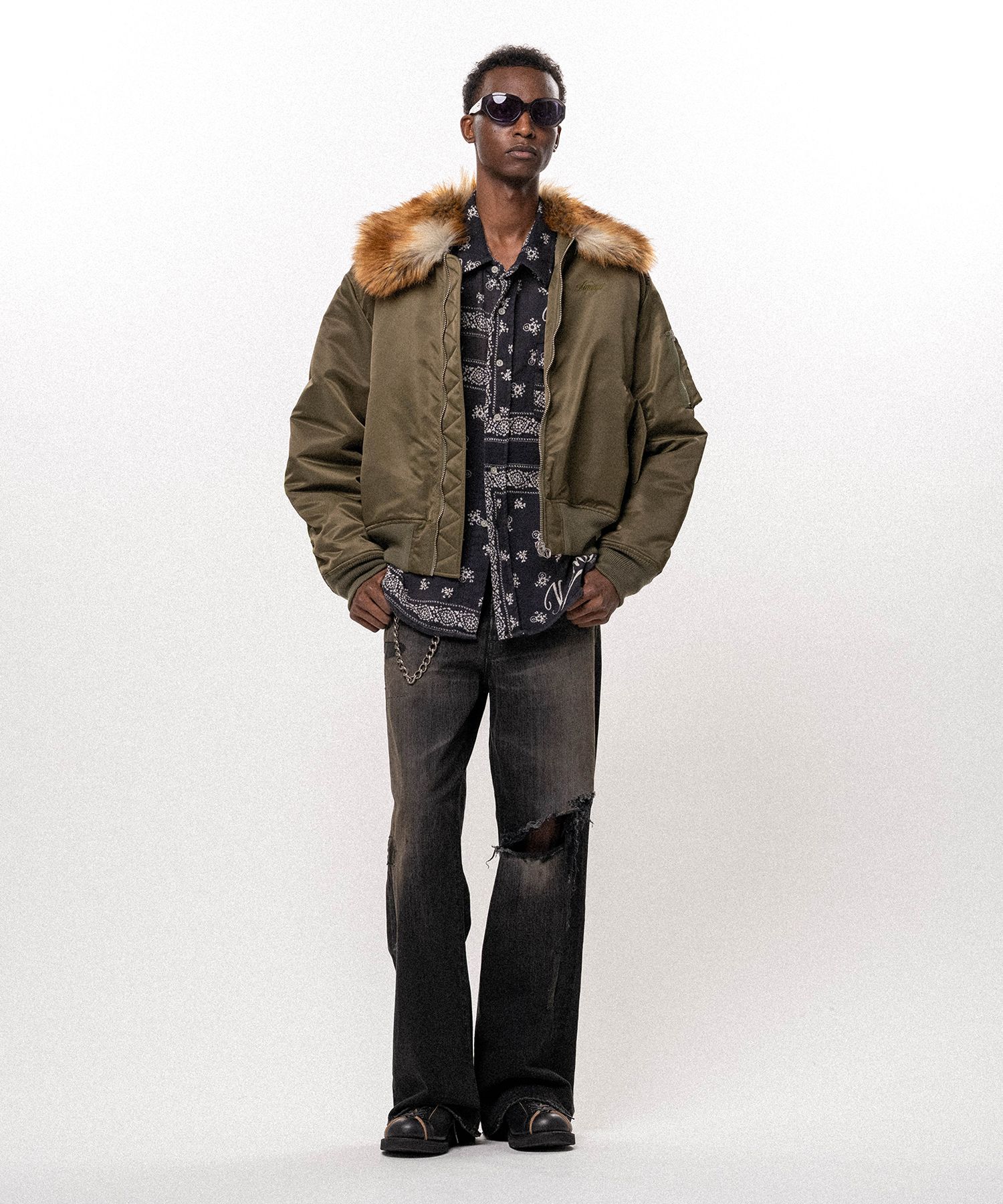 Embroidered Faux Fur Collar Flight Jacket
