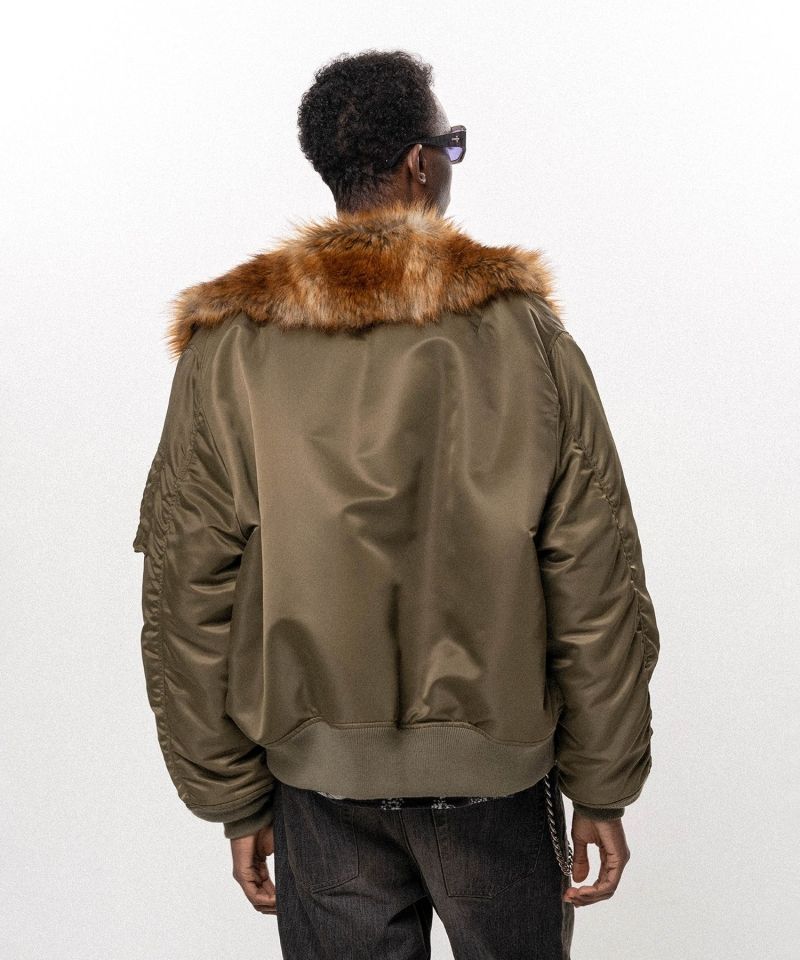 Embroidered Faux Fur Collar Flight Jacket
