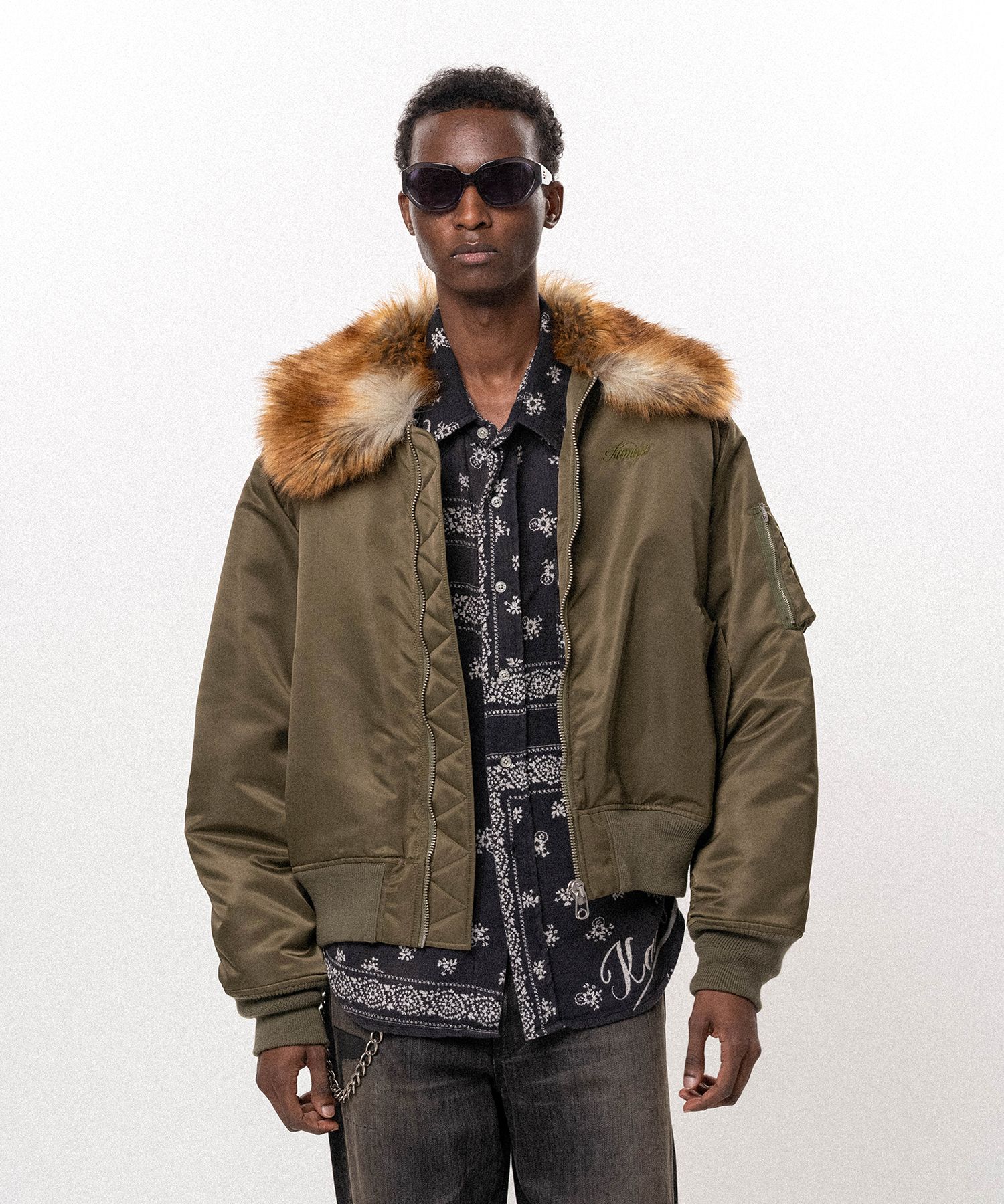 Embroidered Faux Fur Collar Flight Jacket