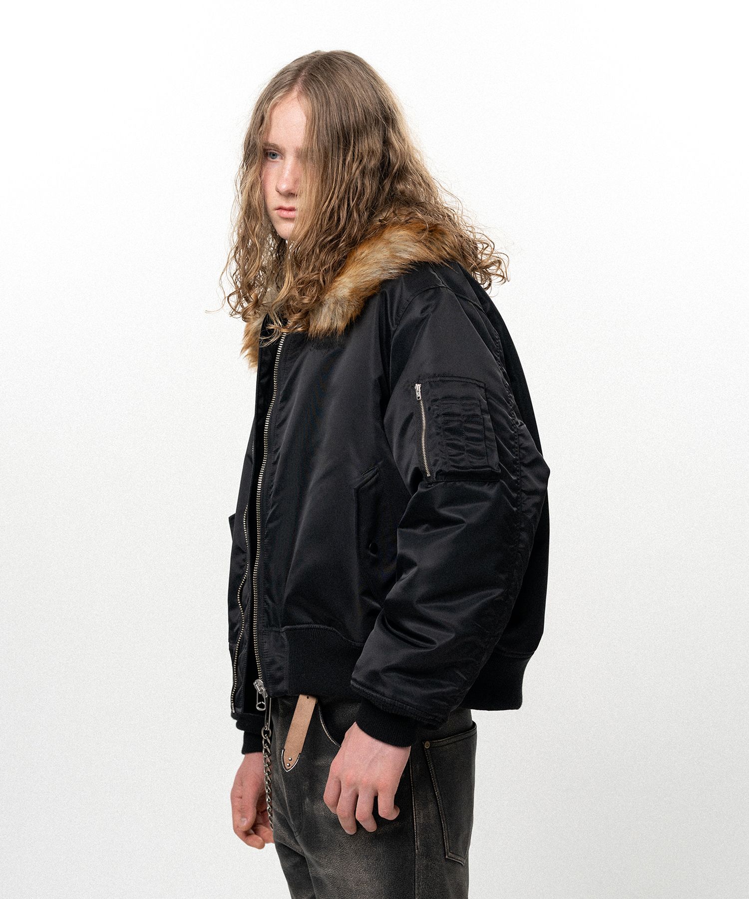 Embroidered Faux Fur Collar Flight Jacket