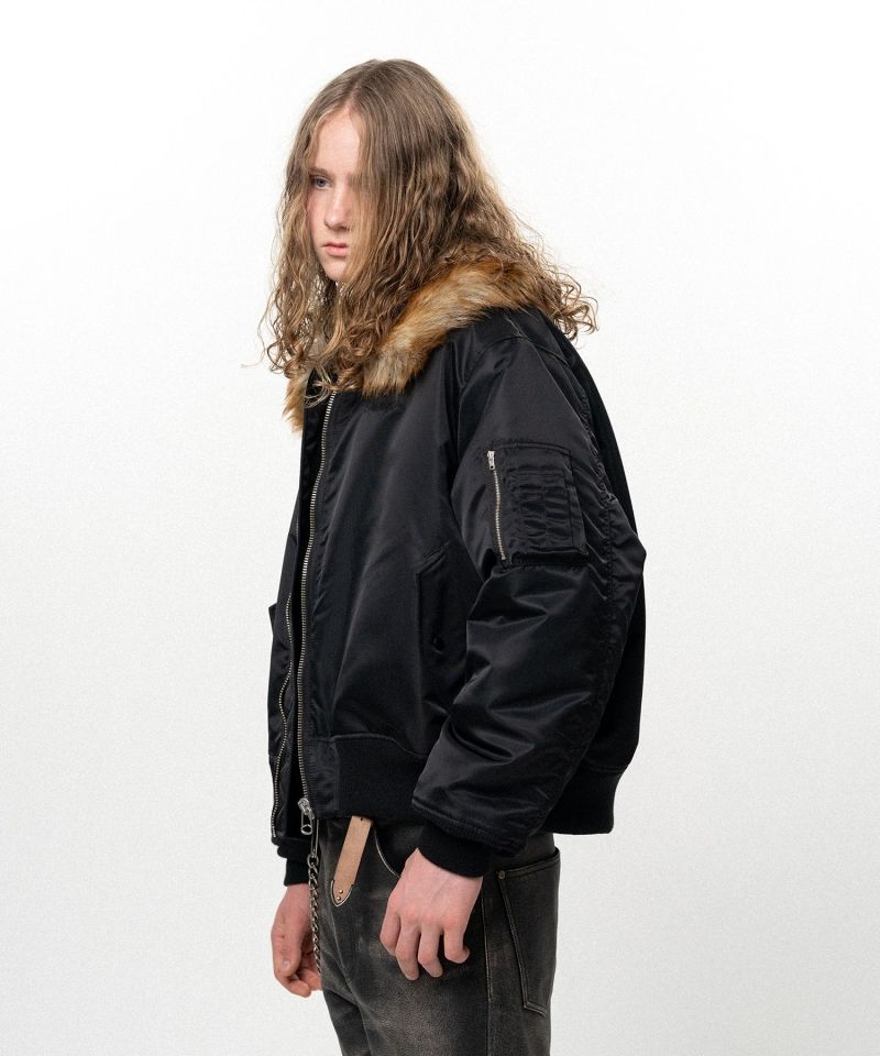 Embroidered Faux Fur Collar Flight Jacket