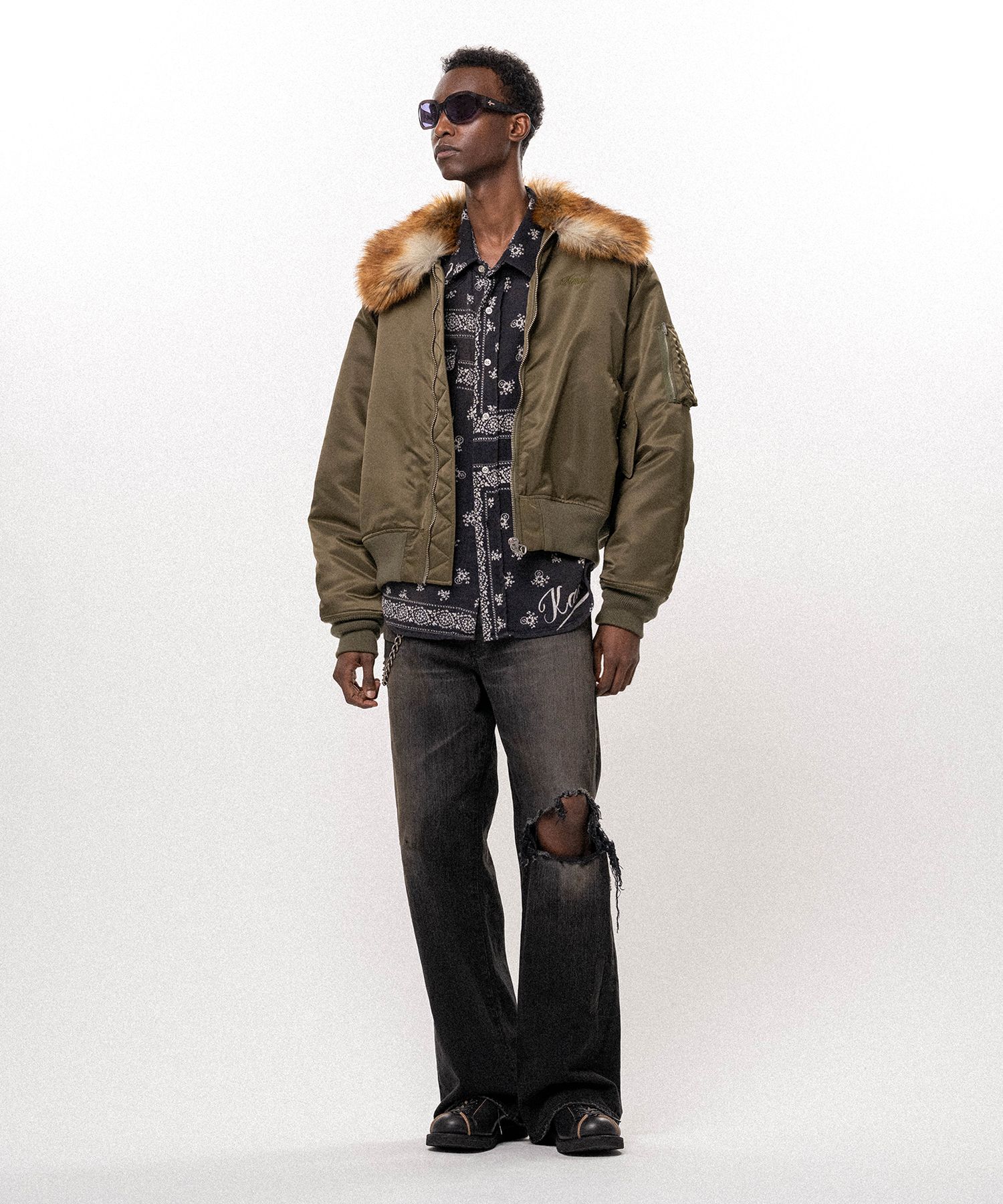 Embroidered Faux Fur Collar Flight Jacket
