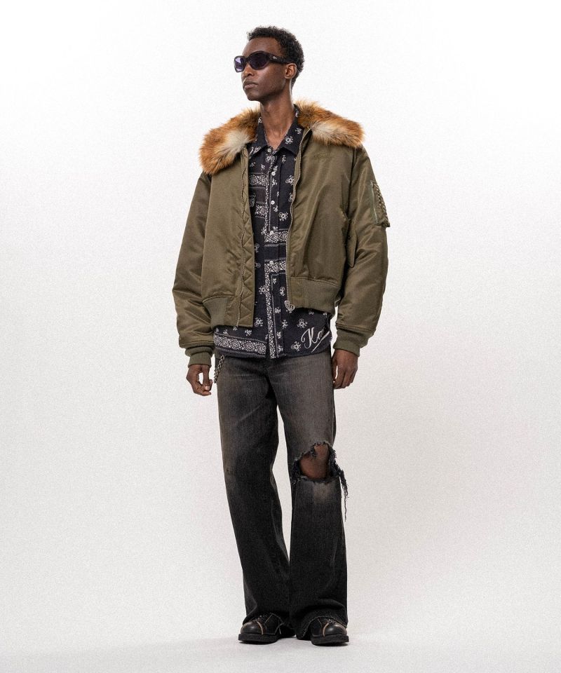 Embroidered Faux Fur Collar Flight Jacket