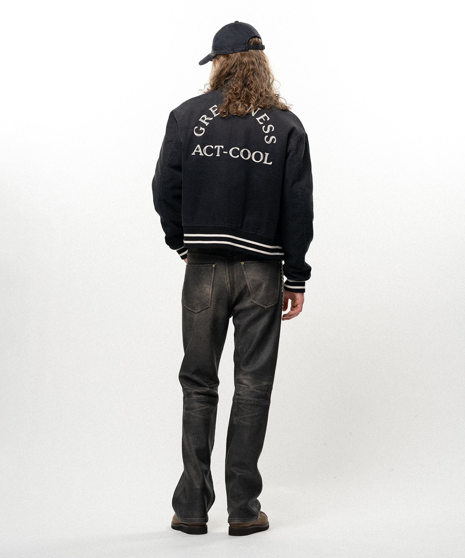 "GREATNESS ACT-COOL" Embroidered Sun Faded Varsity Jacket