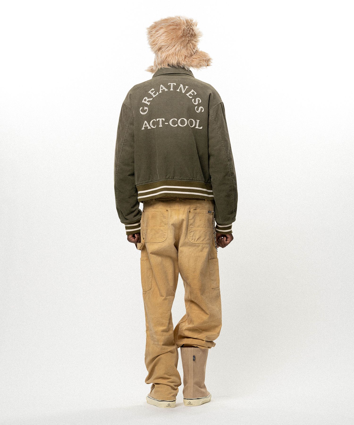 "GREATNESS ACT-COOL" Embroidered Sun Faded Varsity Jacket