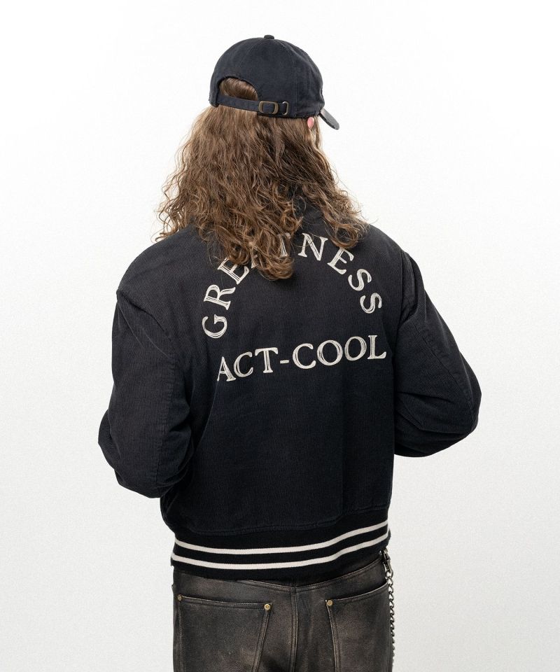 "GREATNESS ACT-COOL" Embroidered Sun Faded Varsity Jacket