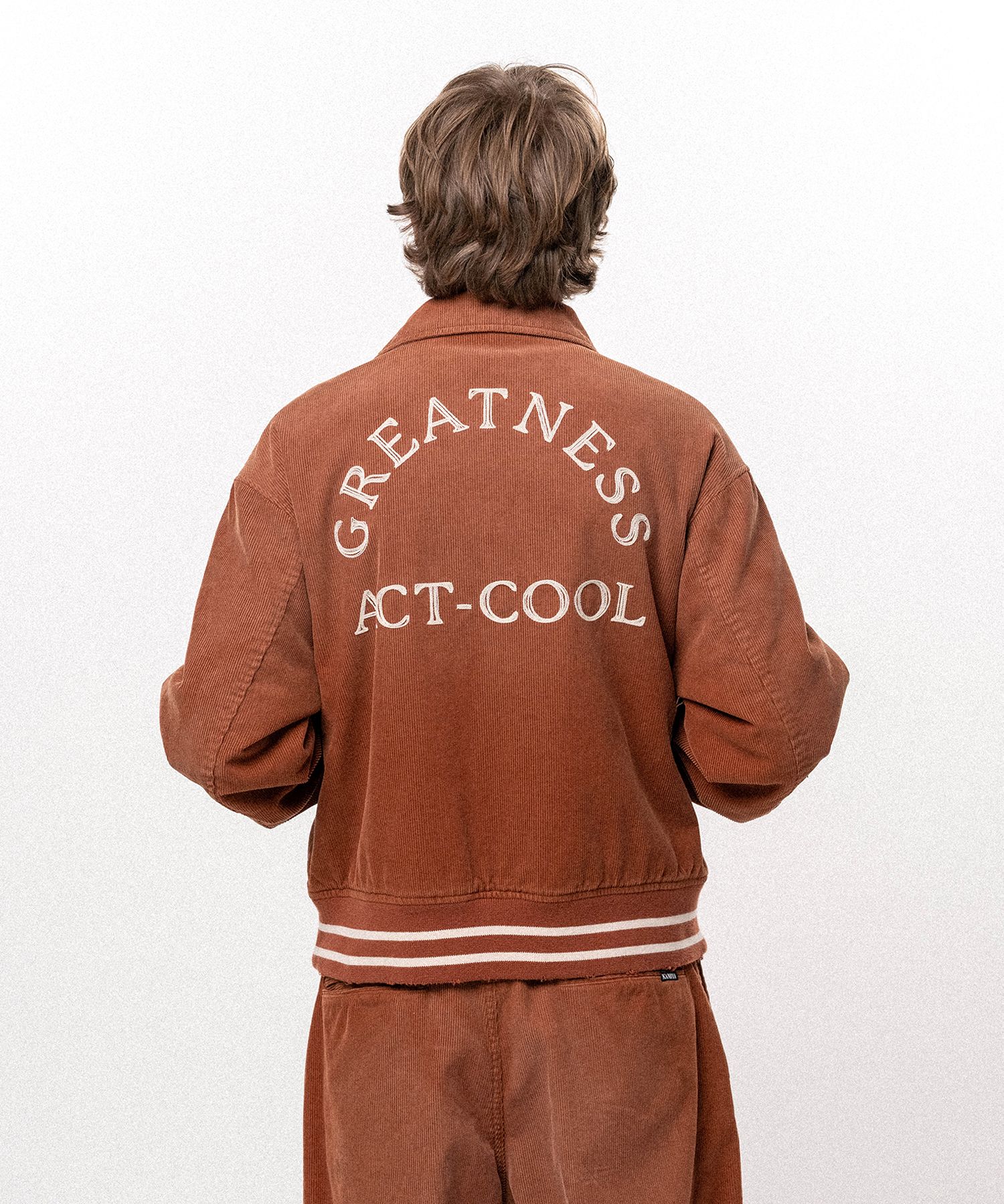 "GREATNESS ACT-COOL" Embroidered Sun Faded Varsity Jacket
