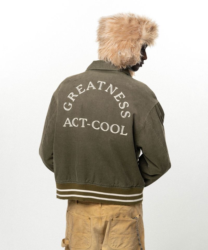 "GREATNESS ACT-COOL" Embroidered Sun Faded Varsity Jacket