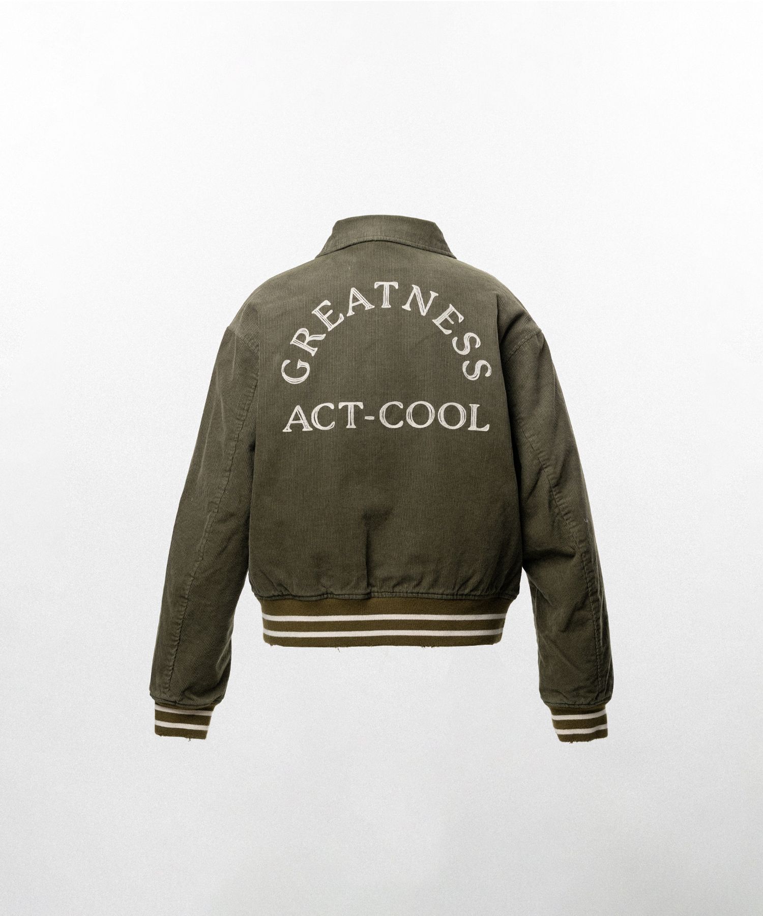 "GREATNESS ACT-COOL" Embroidered Sun Faded Varsity Jacket