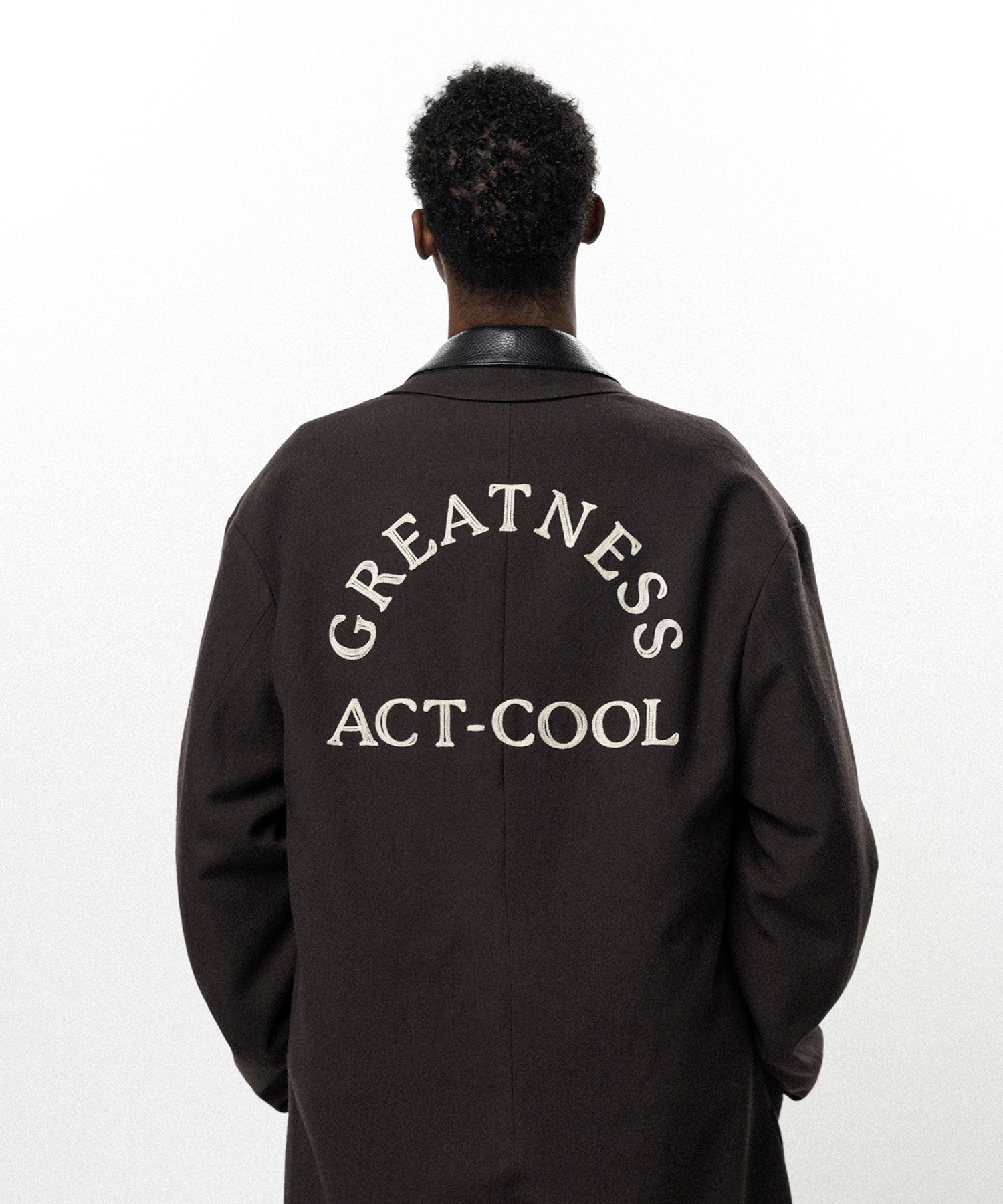"GREATNESS ACT-COOL"  Embroidered Serge Overcoat