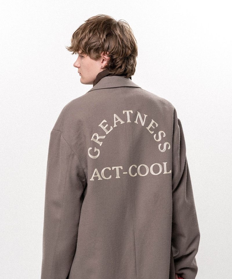 "GREATNESS ACT-COOL"  Embroidered Serge Overcoat