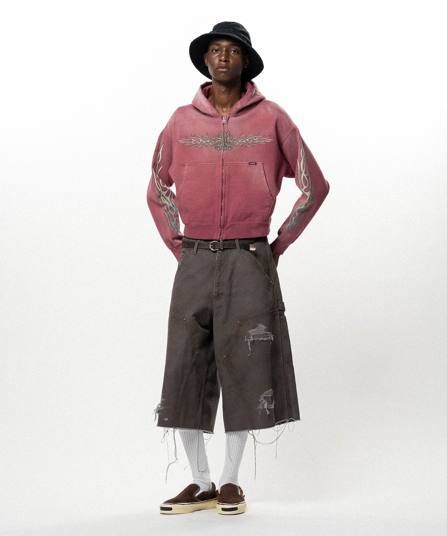 "FLAME KMY" Zip-up Short Hoodie