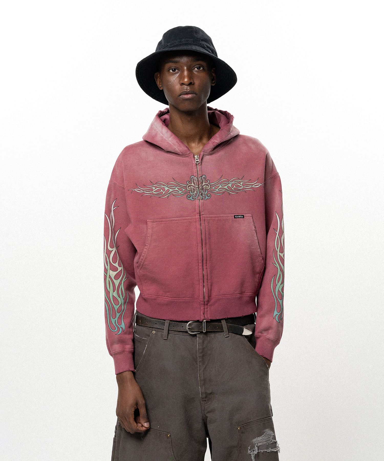 "FLAME KMY" Zip-up Short Hoodie