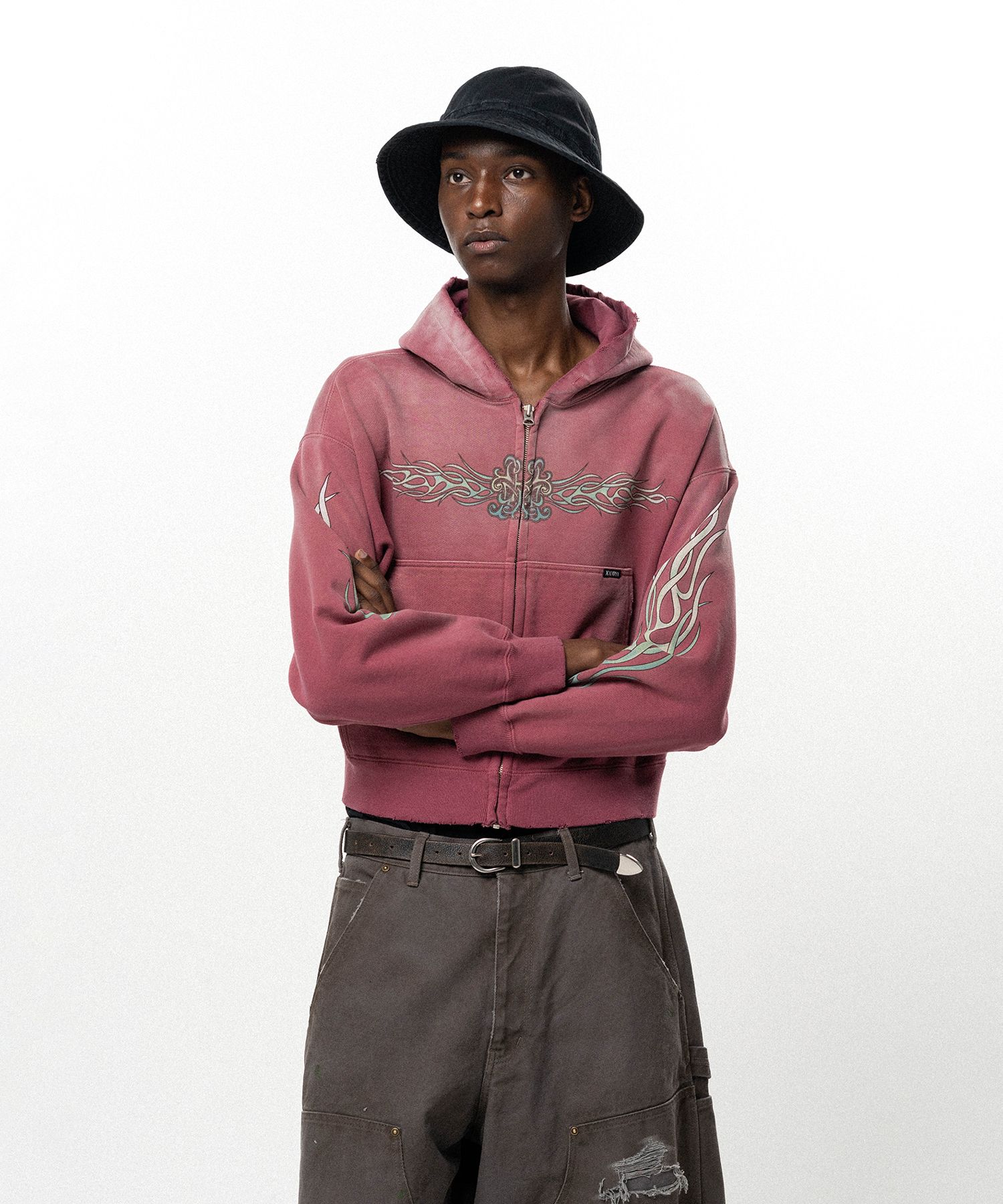 "FLAME KMY" Zip-up Short Hoodie