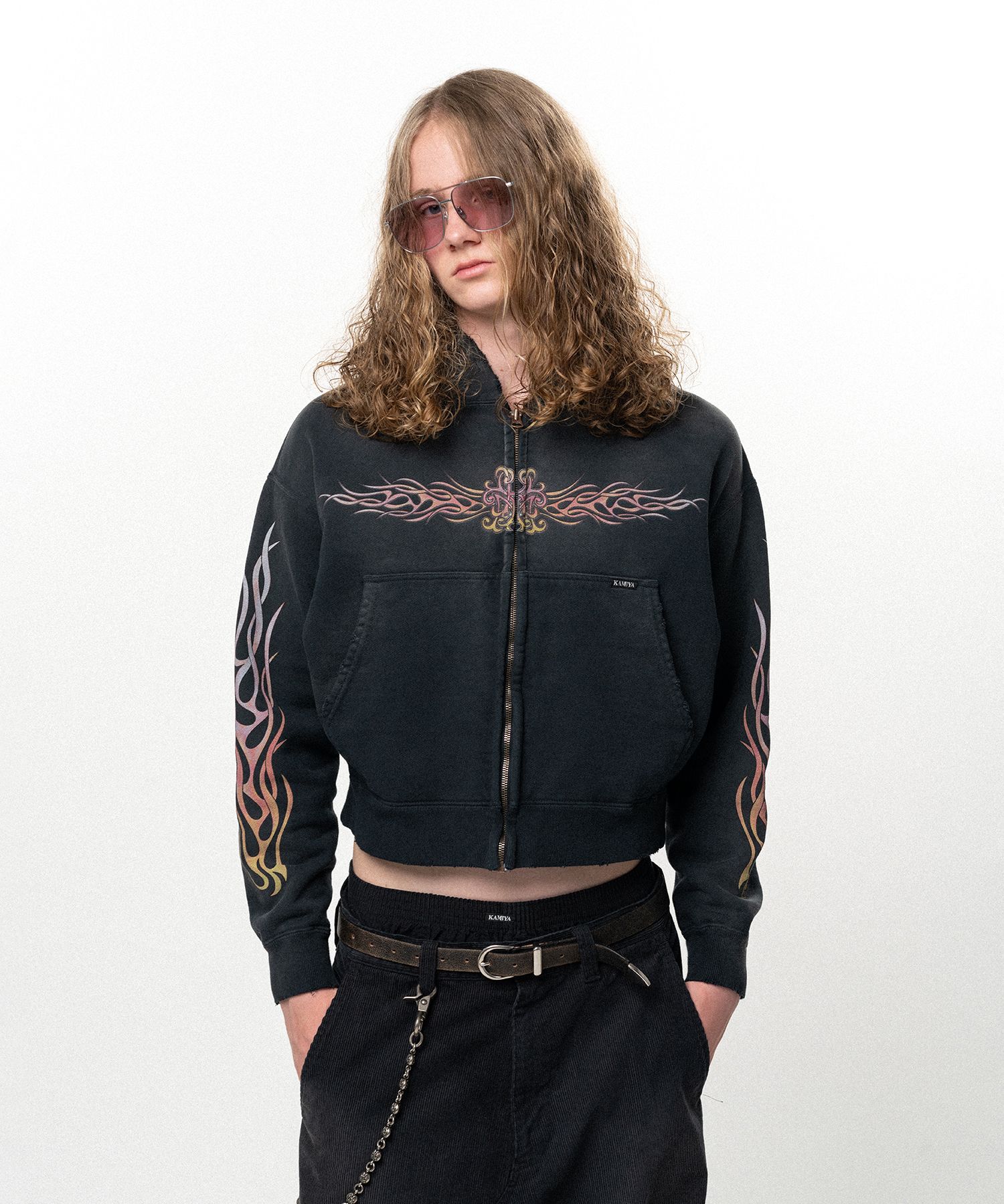 "FLAME KMY" Zip-up Short Hoodie